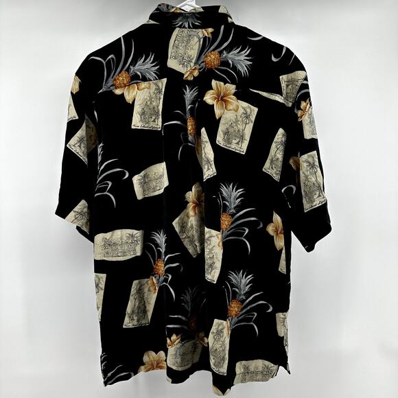 Jamaica Jaxx Silk Camp Shirt Button Down Floral Pineapple 100% Silk Black Medium - Picture 6 of 6